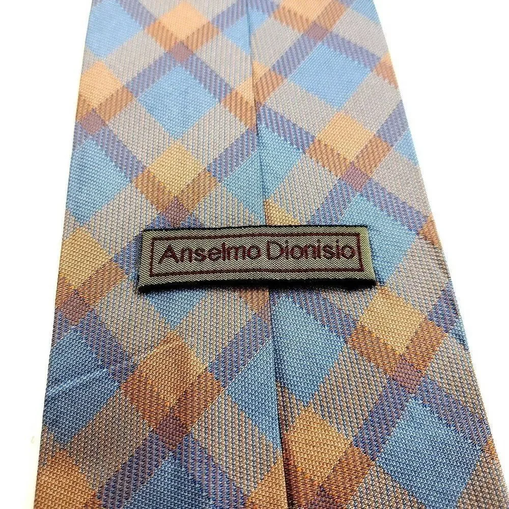 Anselmo Dionisio Orange‎ Blue Plaid Woven Wide Silk Tie